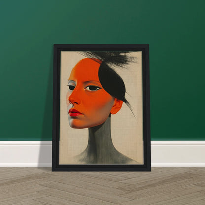 A surreal portrait of a woman with vivid orange skin and intense gaze, blending soft realism with bold graphic contrasts.