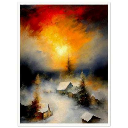 A serene winter village scene with snow-covered rooftops, glowing cabins, evergreen trees, and a dramatic golden and fiery sky.