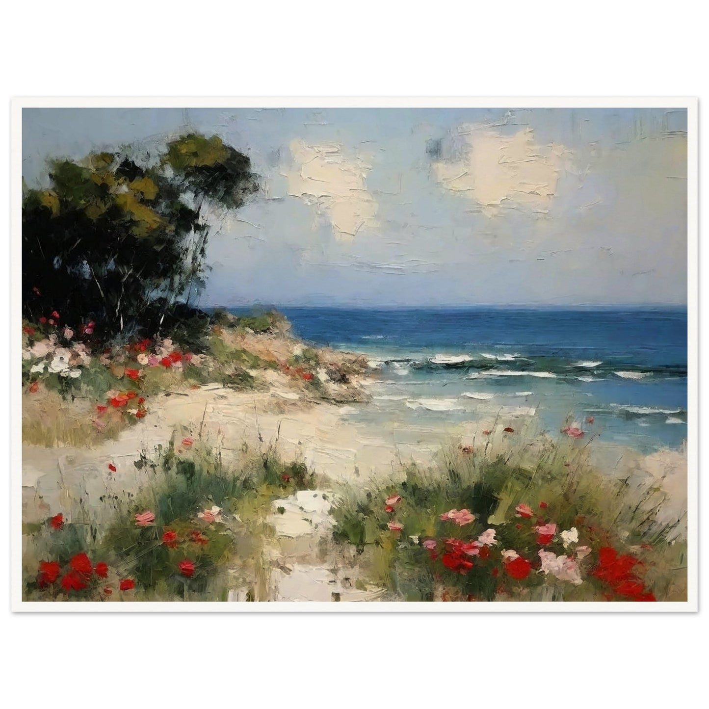 A picturesque painting of a serene beach with vibrant flowers in the foreground and calm ocean waves under a partly cloudy sky.