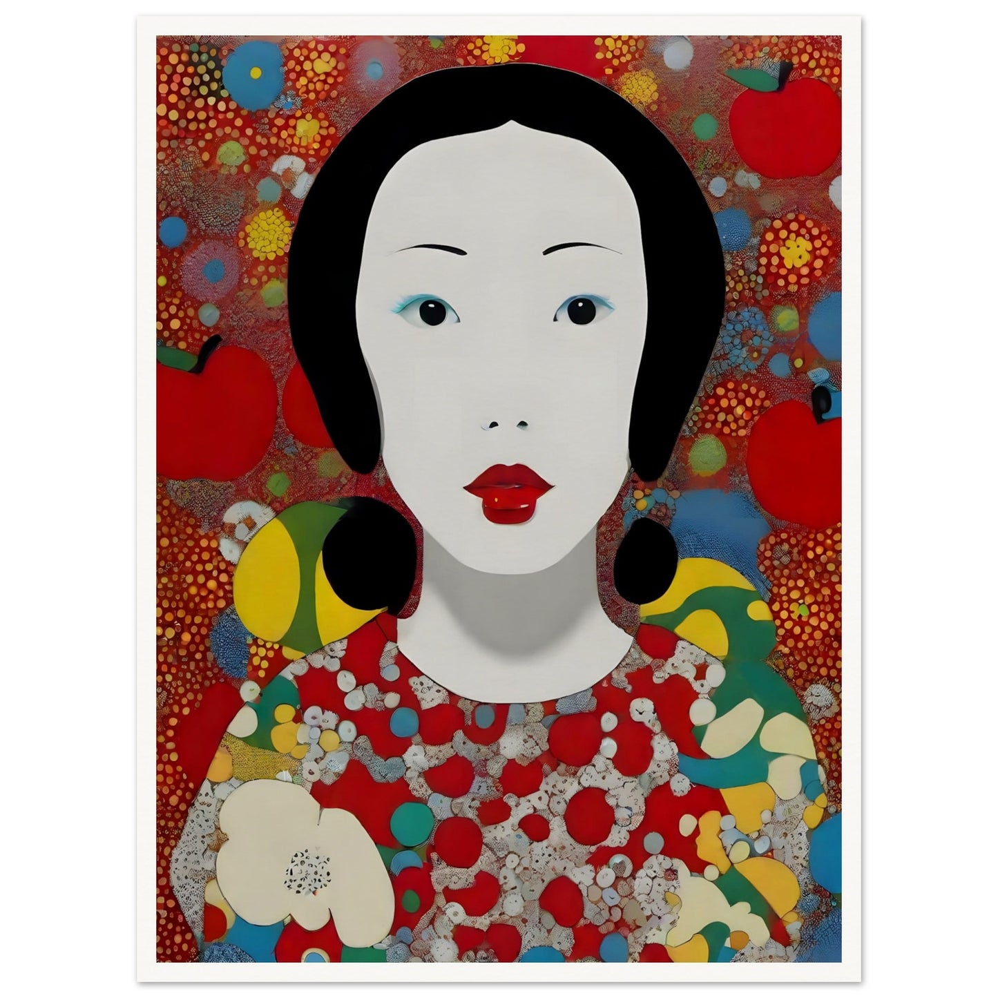 A stunning portrait of a woman with striking red lips and black hair, surrounded by vibrant abstract patterns of red, yellow, and blue.