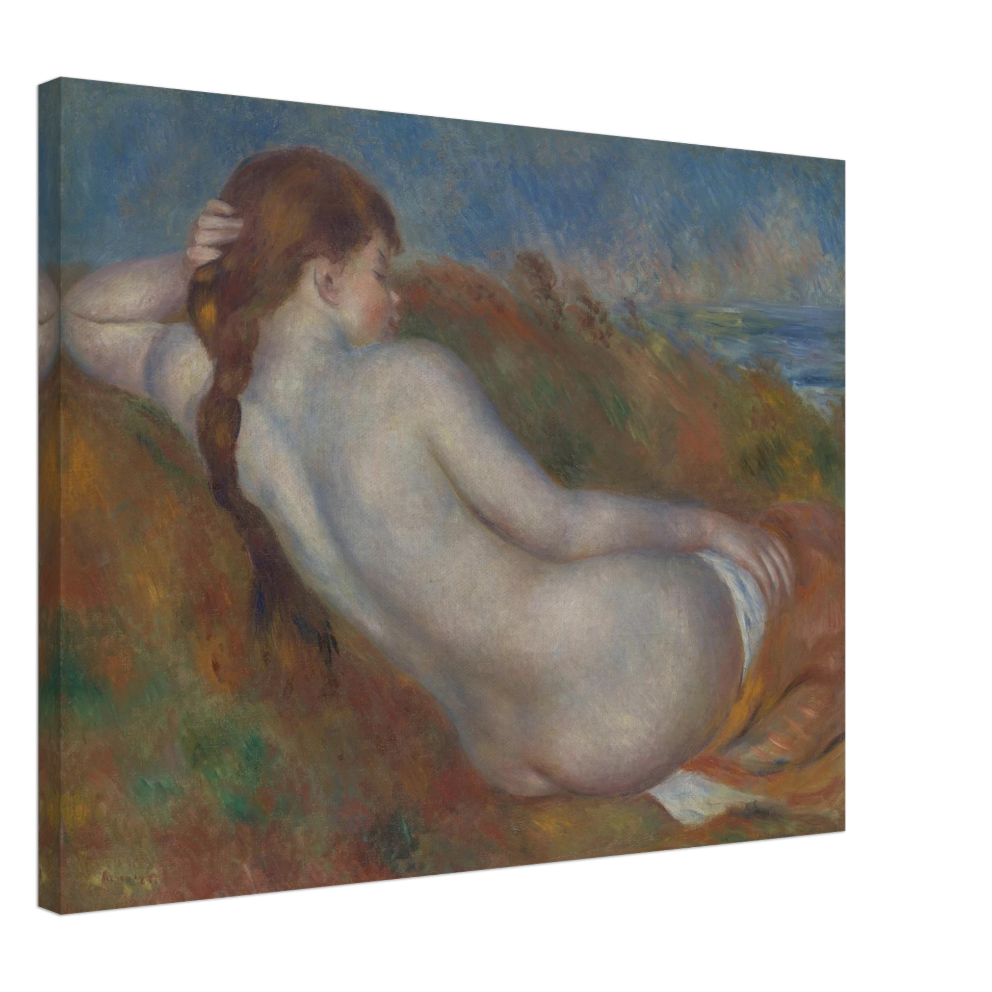 Reclining nude figure with braided hair rests in a soft landscape near the sea