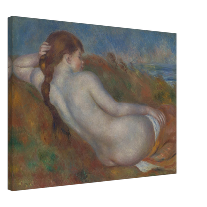 Reclining nude figure with braided hair rests in a soft landscape near the sea