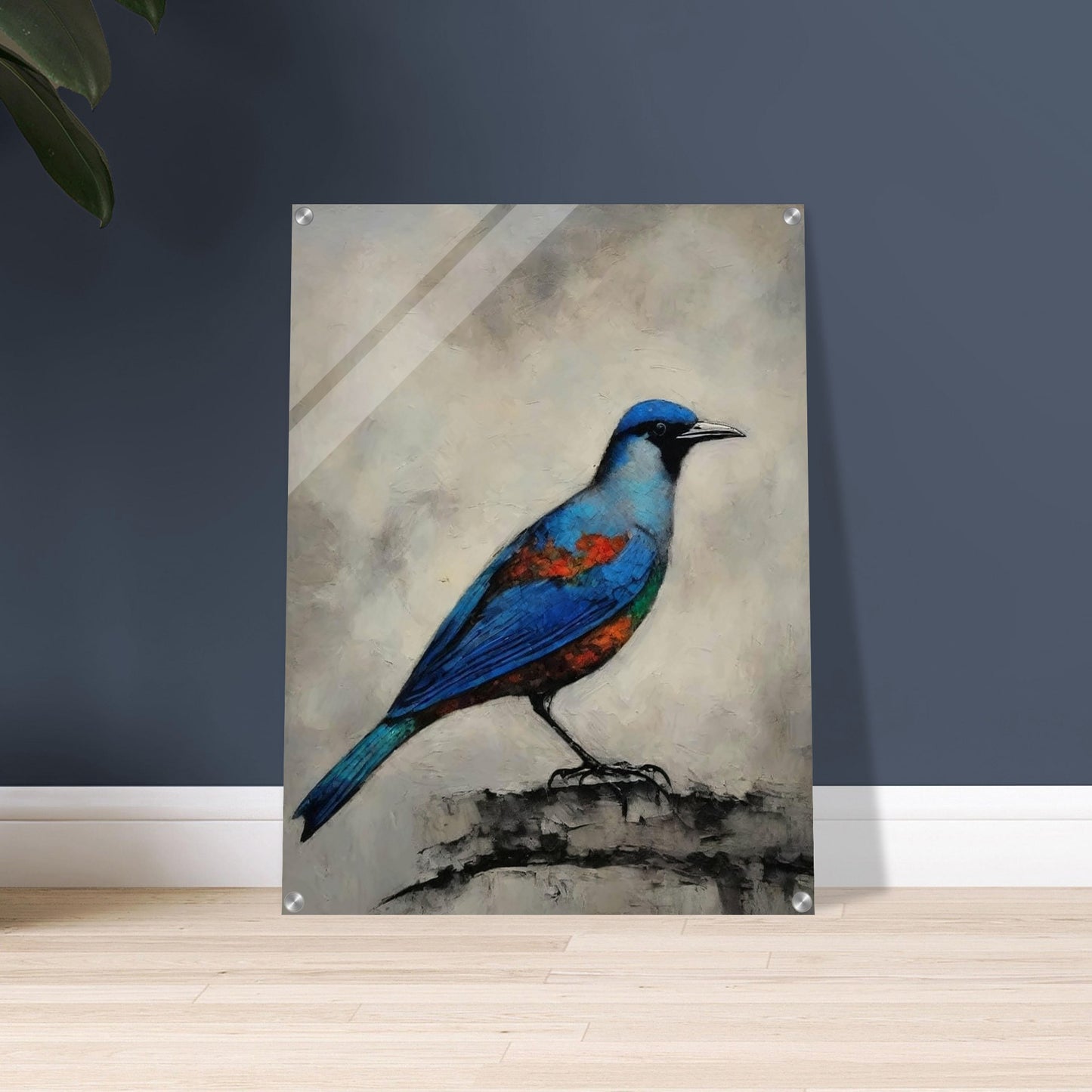 A vibrant painting of a blue bird with orange and green accents perched on a textured surface, set against a neutral background.