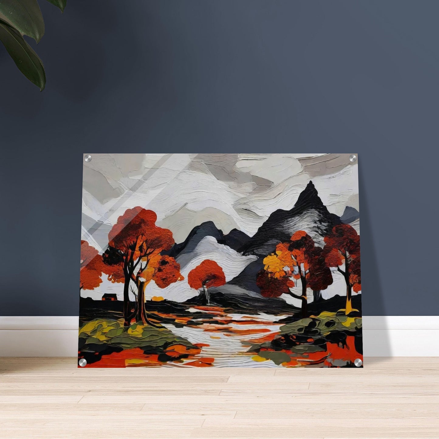 A striking painting of mountains with autumn trees reflected in a river, featuring vivid reds and oranges.