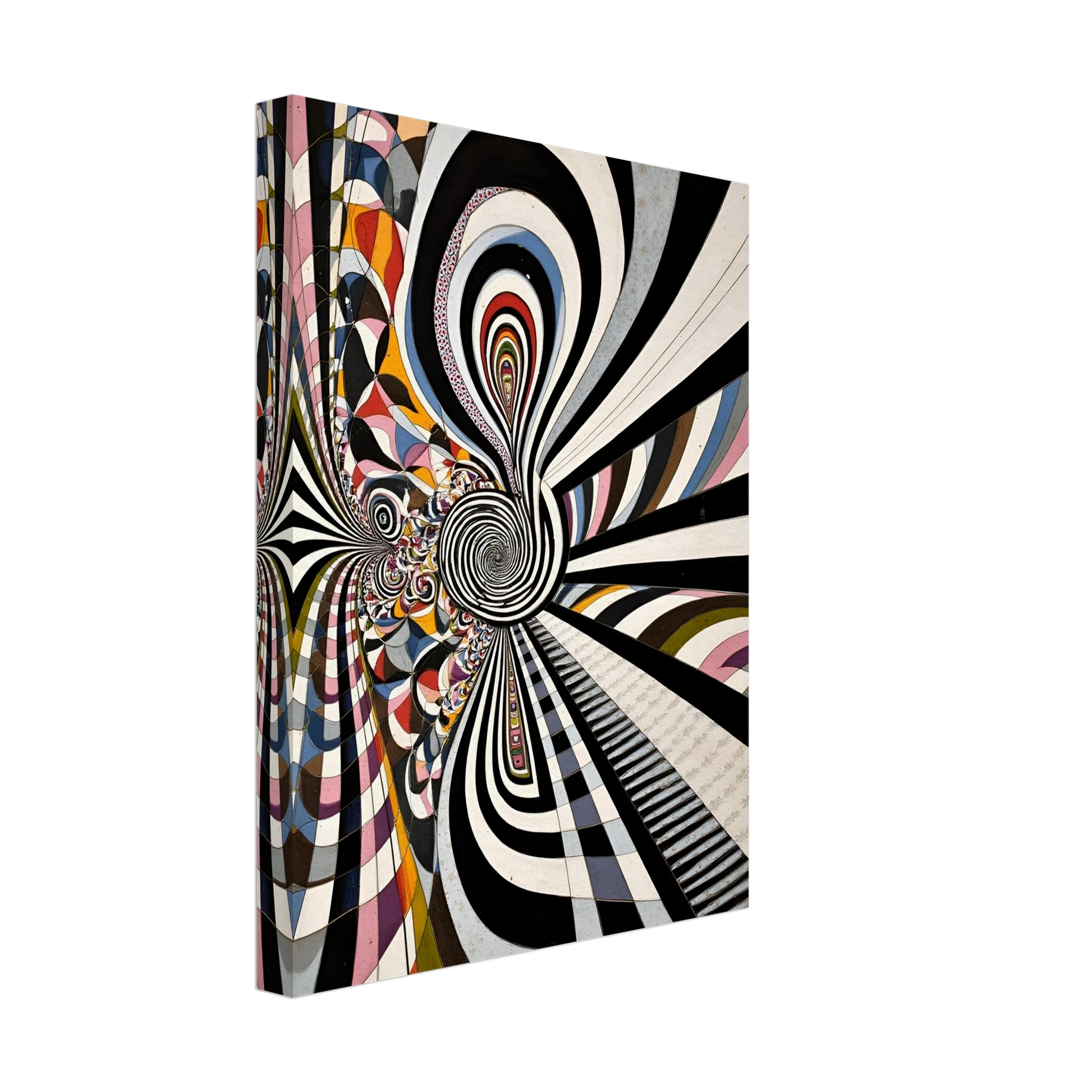 Hypnotic black-and-white spirals twist through colorful geometric pathways, creating a surreal optical journey of motion, depth, and endless illusion.