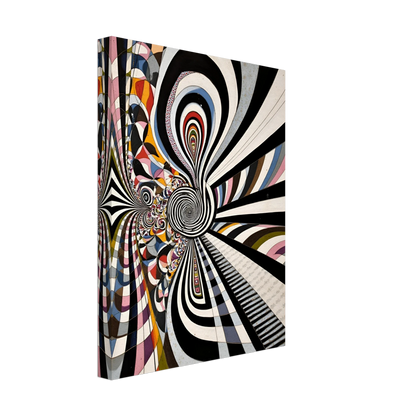 Hypnotic black-and-white spirals twist through colorful geometric pathways, creating a surreal optical journey of motion, depth, and endless illusion.