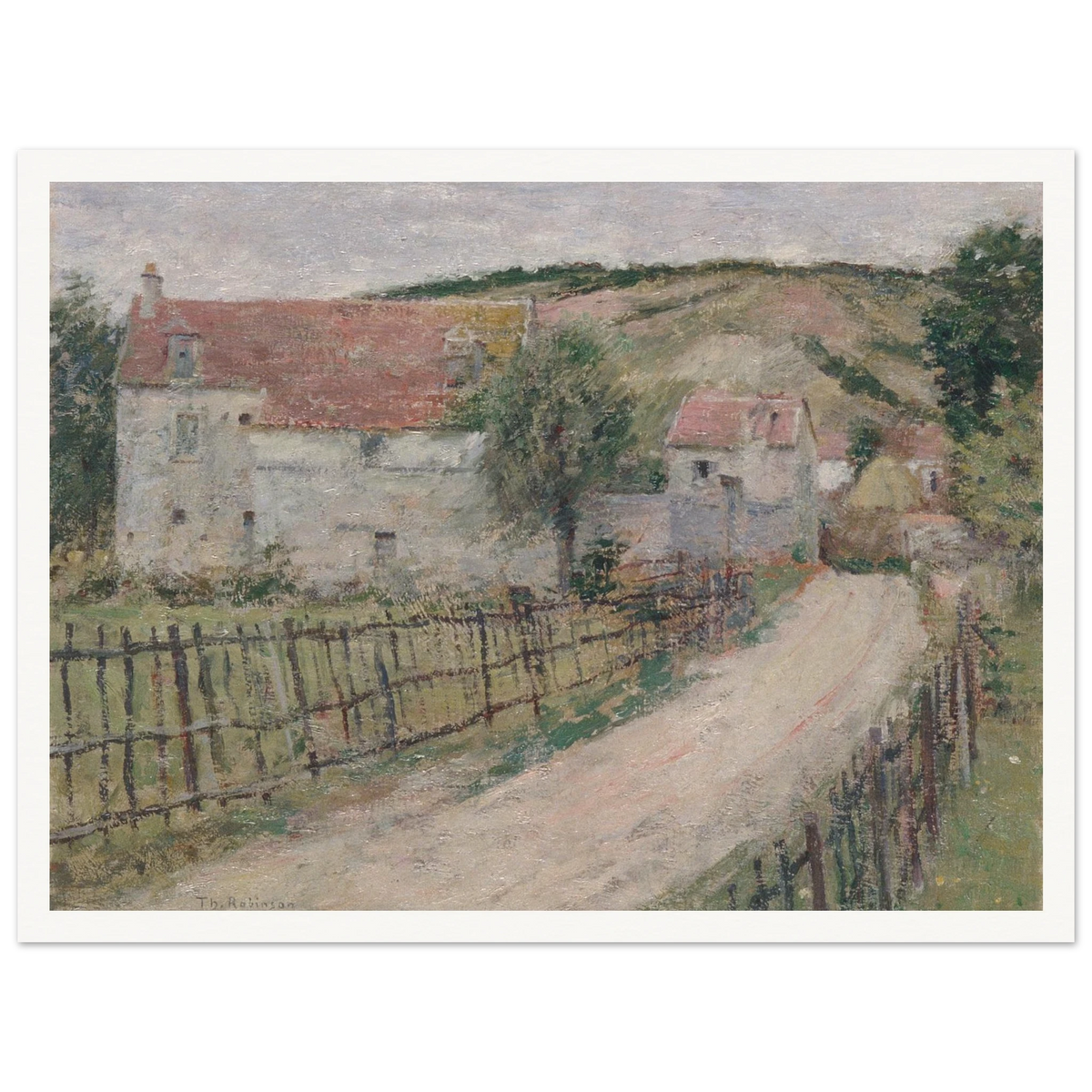 Country road curves past white village houses and fences toward a hill under a pale cloudy sky.