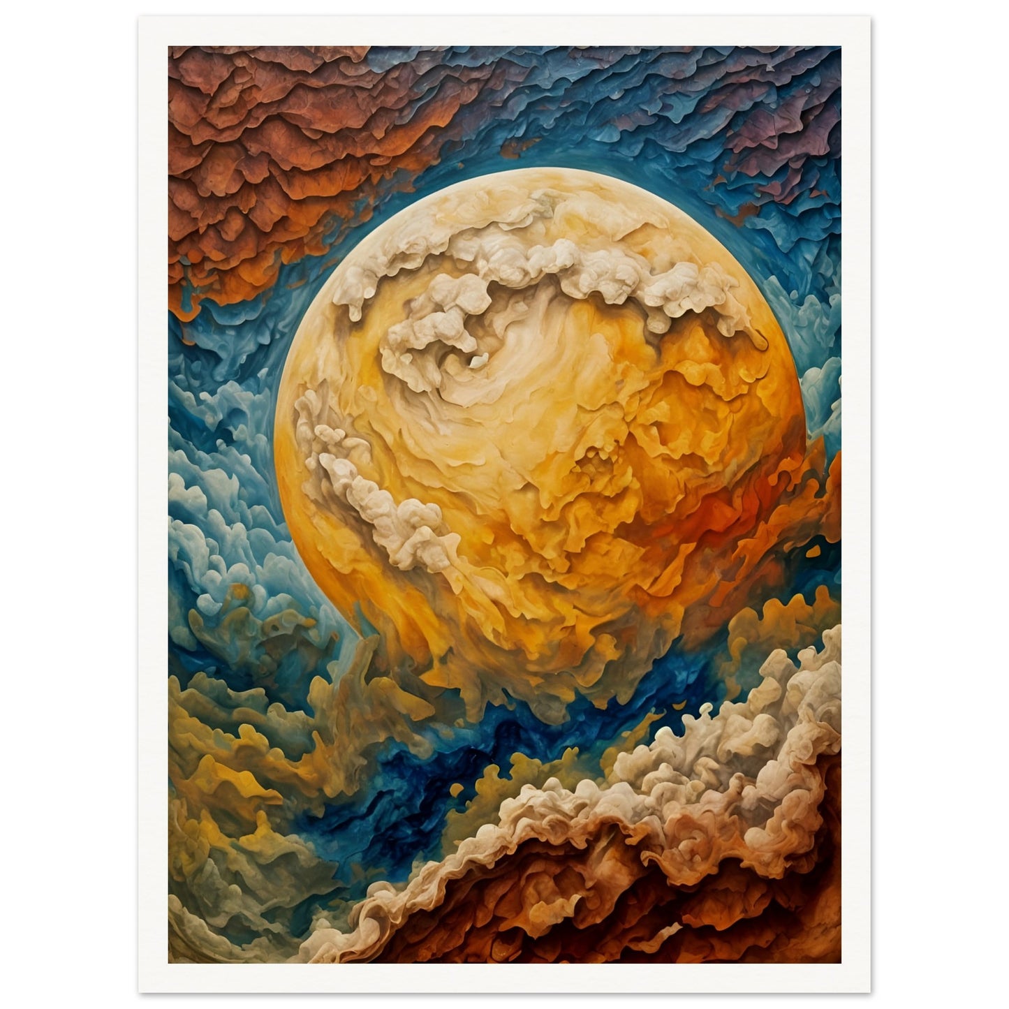 A mesmerizing cosmic painting depicting a massive swirling celestial body with fiery clouds in hues of gold, blue, and crimson.