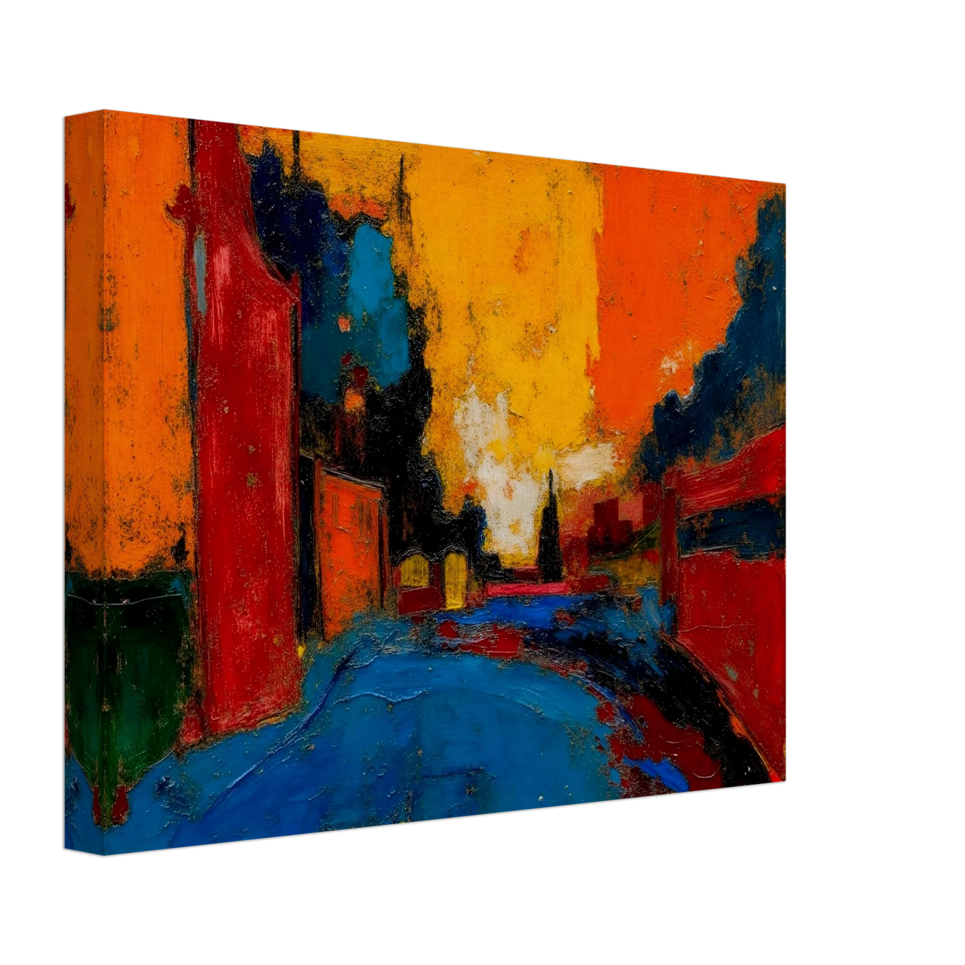An expressive urban street scene painted in bold reds, oranges, blues, and black, featuring buildings lining a road beneath a dramatic glowing sunset sky.