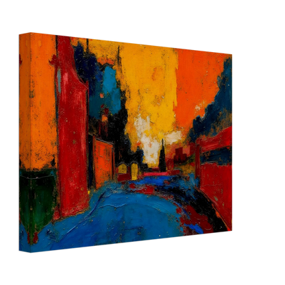 An expressive urban street scene painted in bold reds, oranges, blues, and black, featuring buildings lining a road beneath a dramatic glowing sunset sky.
