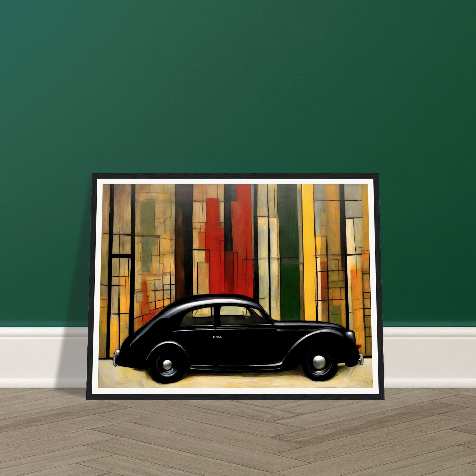 A sleek black vintage car set against a modernist background of vertical colored panels in red, yellow, and green tones.