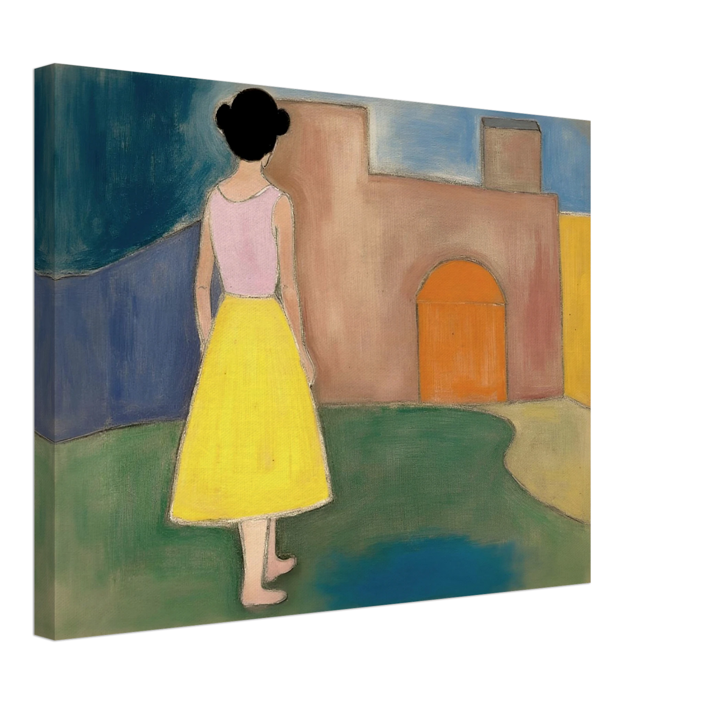 A girl in a yellow skirt faces a soft courtyard with an orange arched door and muted walls.