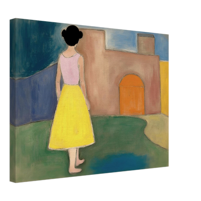 A girl in a yellow skirt faces a soft courtyard with an orange arched door and muted walls.