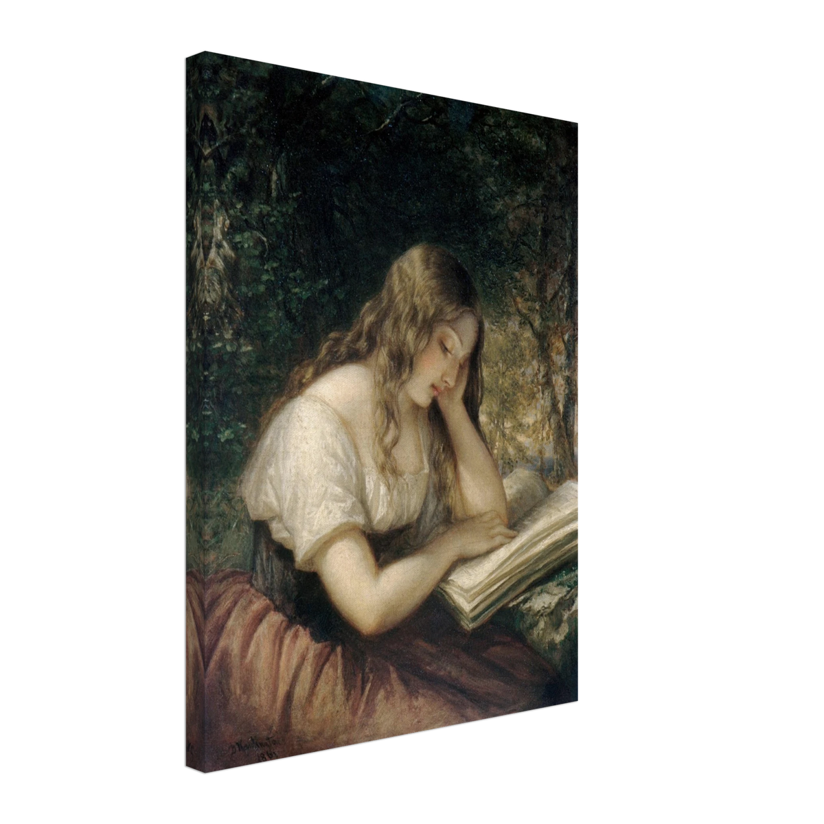 A young girl sits outdoors reading a large open book in a shaded woodland setting.
