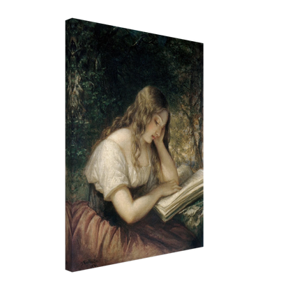 A young girl sits outdoors reading a large open book in a shaded woodland setting.