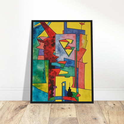 Abstract geometric artwork featuring vibrant shapes and bold colors, evoking a dynamic urban landscape.