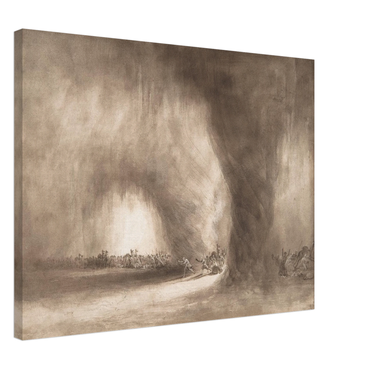 Small figures face a towering storm cloud in a sepia-toned landscape of wind and light.