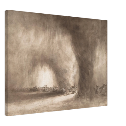 Small figures face a towering storm cloud in a sepia-toned landscape of wind and light.
