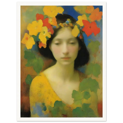 Dreamlike portrait of a serene woman adorned with a crown of yellow, orange, and red flowers, surrounded by soft greenery.