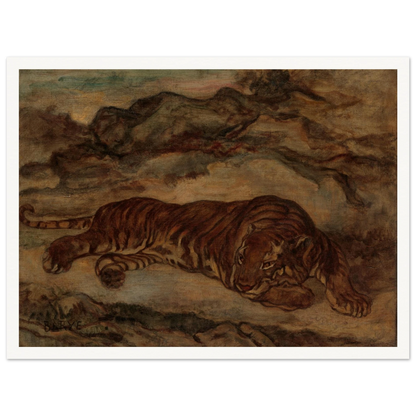 Resting tiger lies across a rocky landscape under a dark, clouded sky