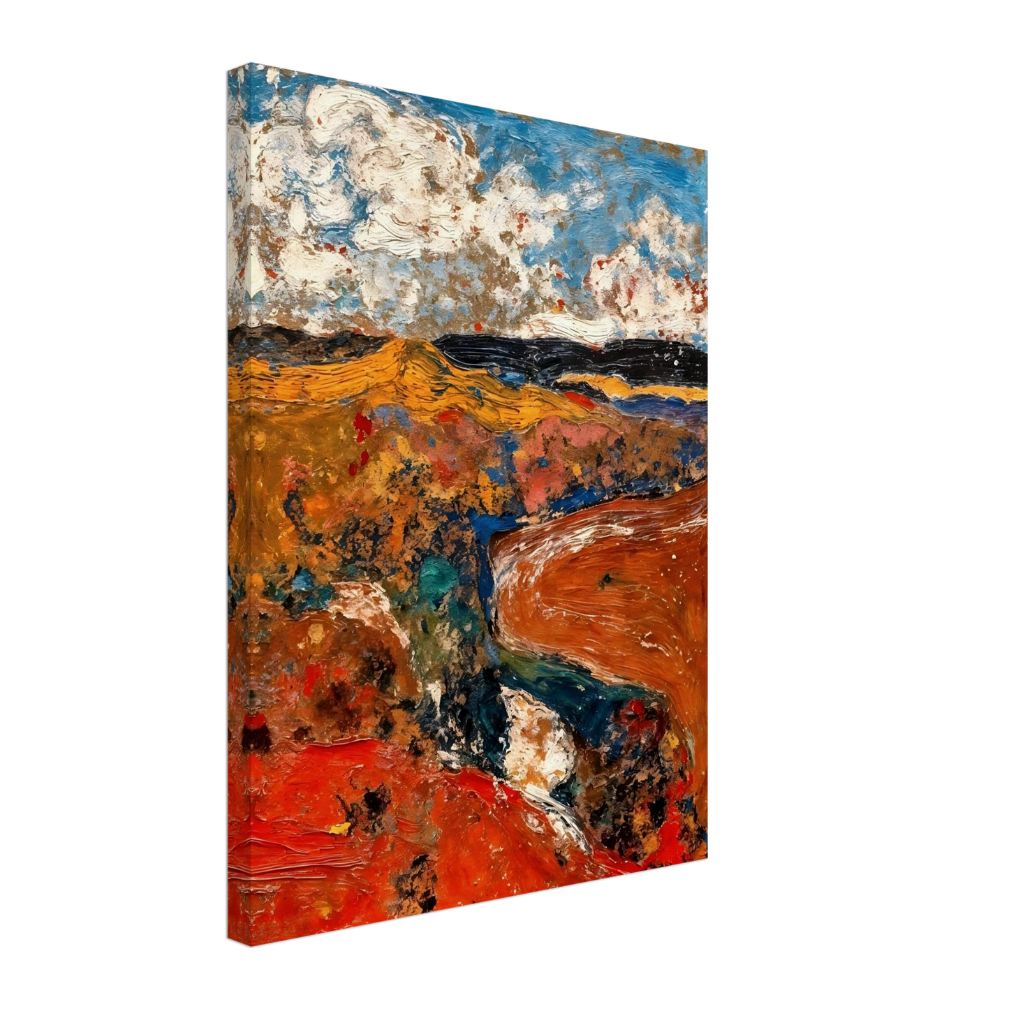 A richly textured abstract landscape featuring vivid red and orange earth tones, deep blue waterways, rolling golden fields, and dramatic cloud-filled skies rendered with expressive brushwork.