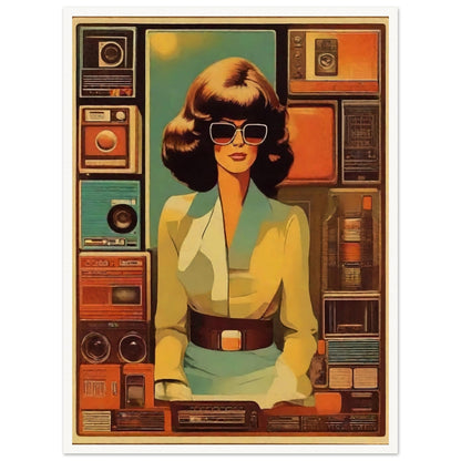 A stylish woman with large sunglasses stands in front of a backdrop filled with vintage radios and cassette players, evoking a retro vibe.