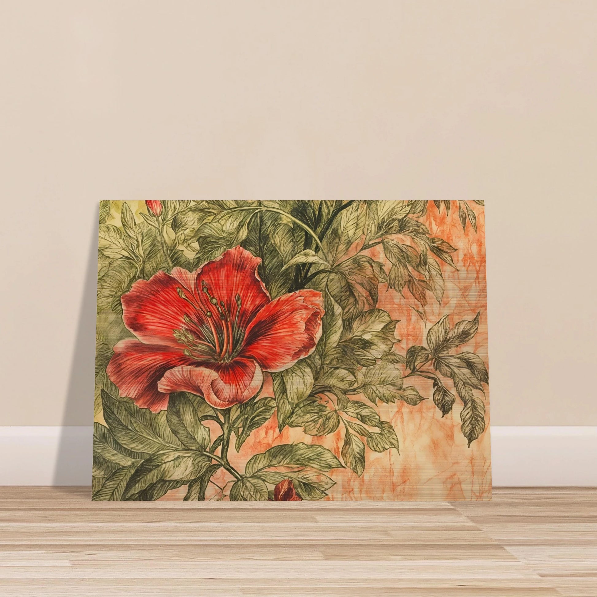 A richly detailed crimson flower blossoms among intricate green foliage against a soft peach-toned background.