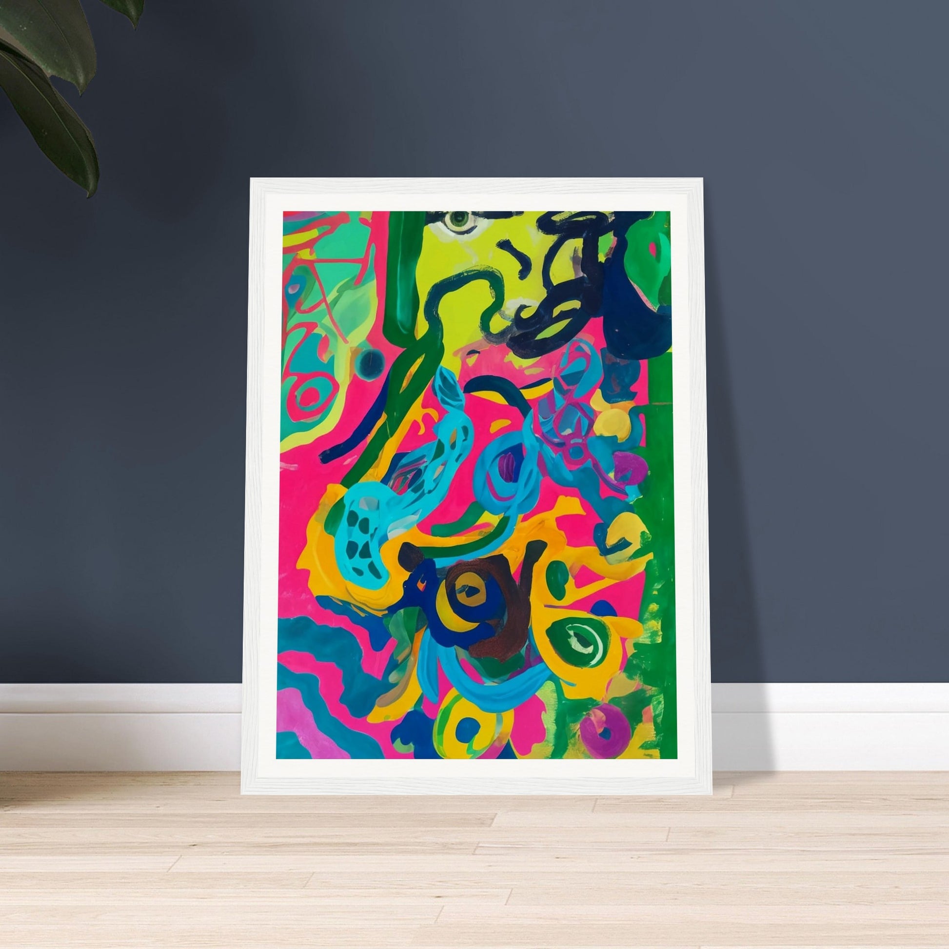 A vibrant abstract painting bursting with bright pink, green, blue, and yellow swirls, creating a lively and energetic composition.