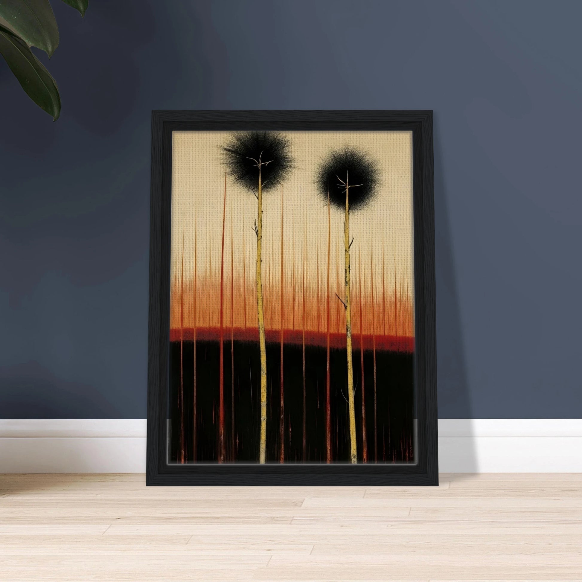 Two tall, slender trees rise from dark soil under a glowing orange and black sky, evoking quiet endurance and mystery.