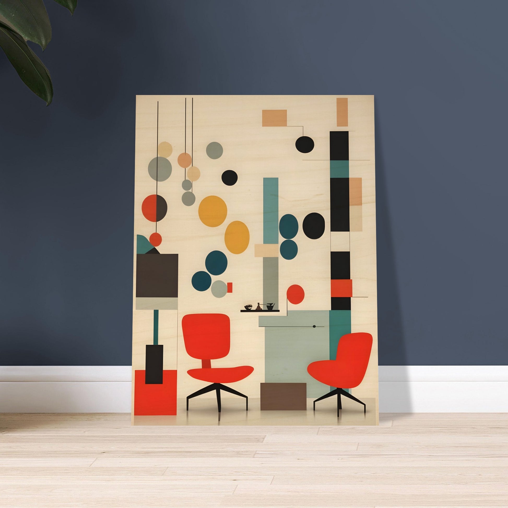 A modern artwork featuring red chairs, abstract geometric shapes, and muted tones of teal, beige, and black, evoking mid-century modern design.