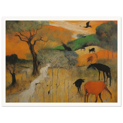 A vivid depiction of various wild animals grazing and roaming in a vibrant, colorful landscape with trees and open fields.