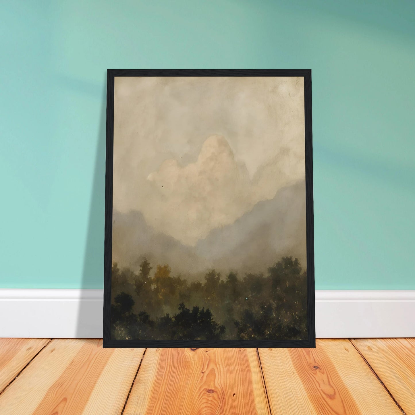 Soft clouds hover above a shadowy forest, evoking serenity and silence beneath a veil of golden haze.