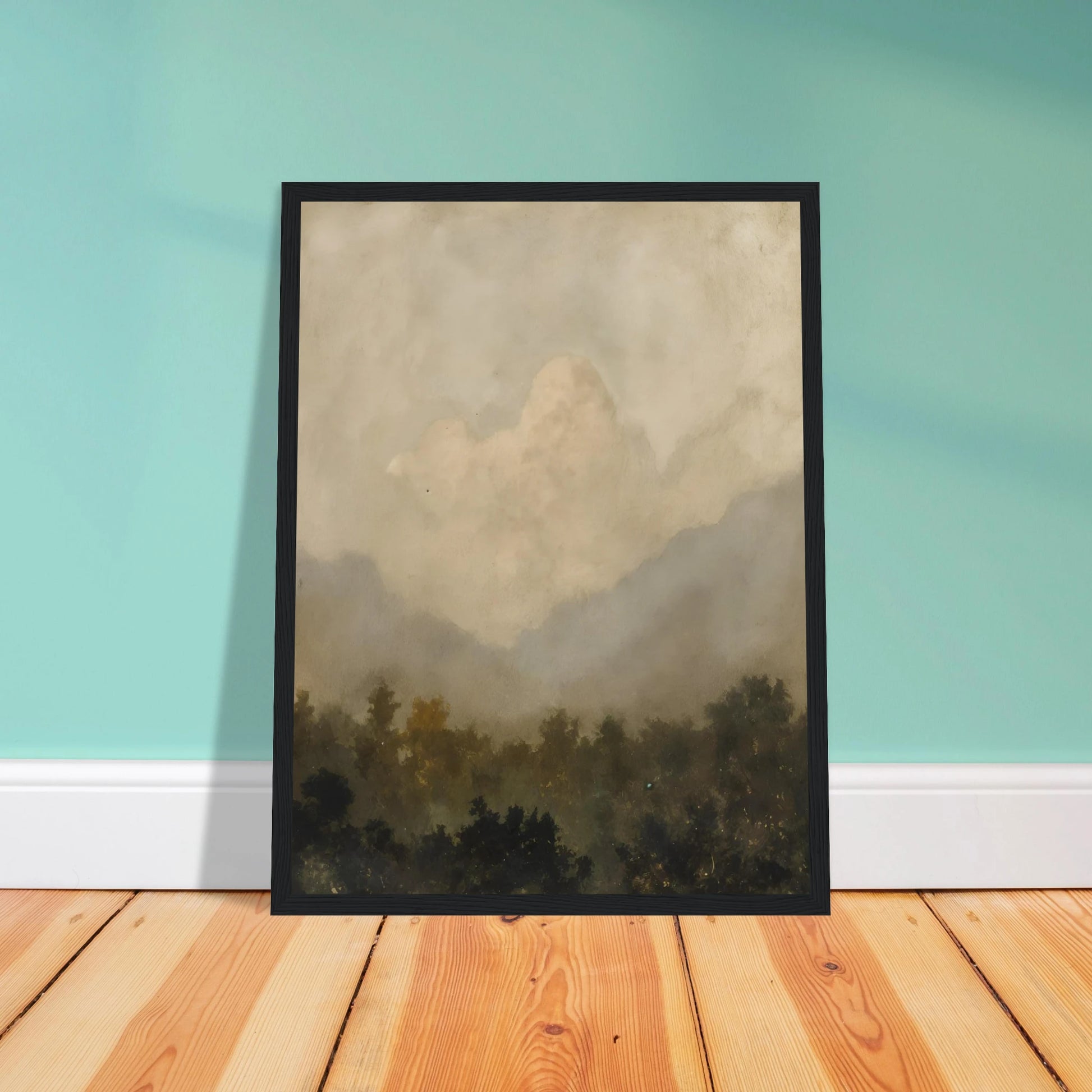 Soft clouds hover above a shadowy forest, evoking serenity and silence beneath a veil of golden haze.