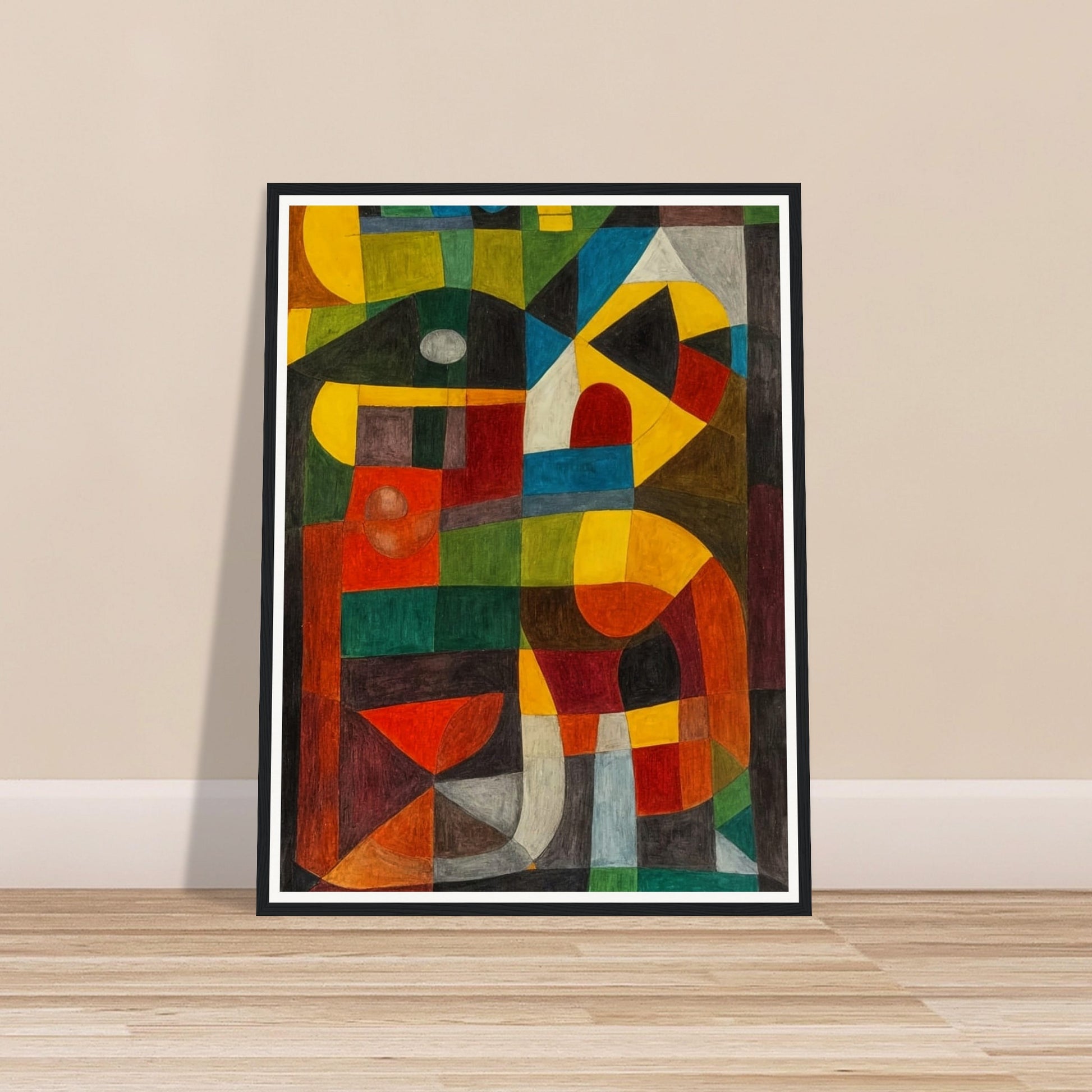 An abstract painting with bold geometric shapes and a mix of vibrant colors, creating a sense of dynamic symmetry.