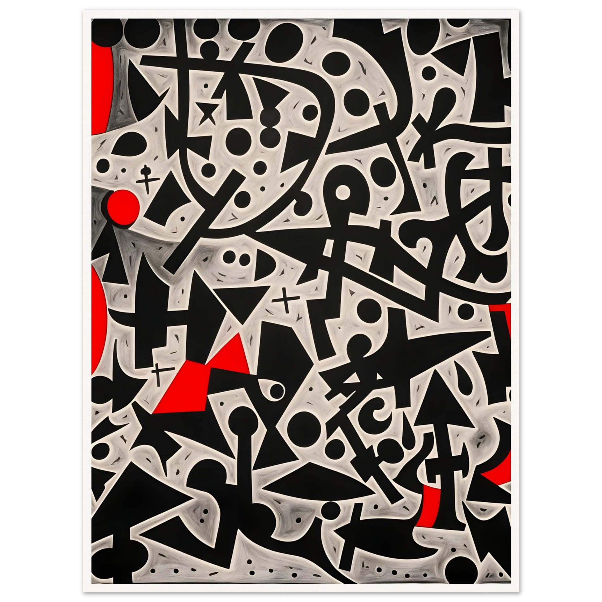 A bold geometric composition featuring black and white abstract symbols, circles, and lines, accented with striking red shapes.