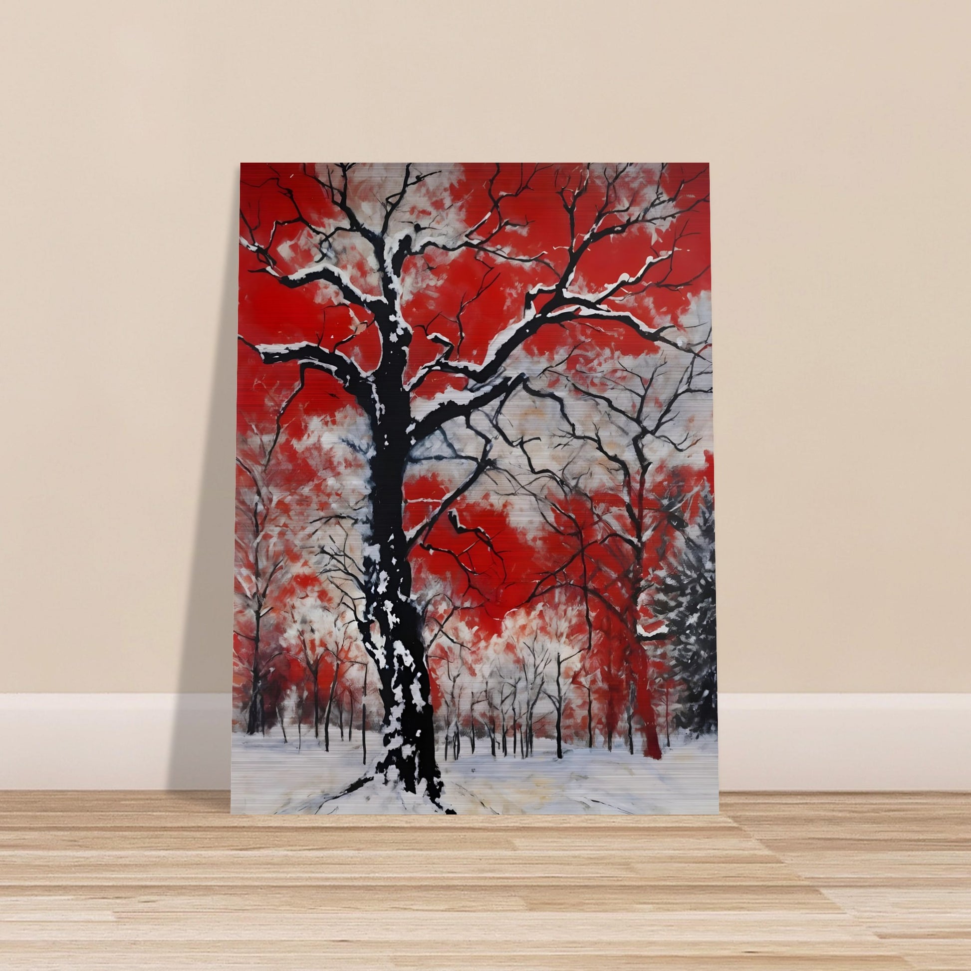 Snow-draped black tree branches standing stark against a vivid red and white sky, evoking a fiery yet wintry contrast.