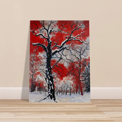 Snow-draped black tree branches standing stark against a vivid red and white sky, evoking a fiery yet wintry contrast.