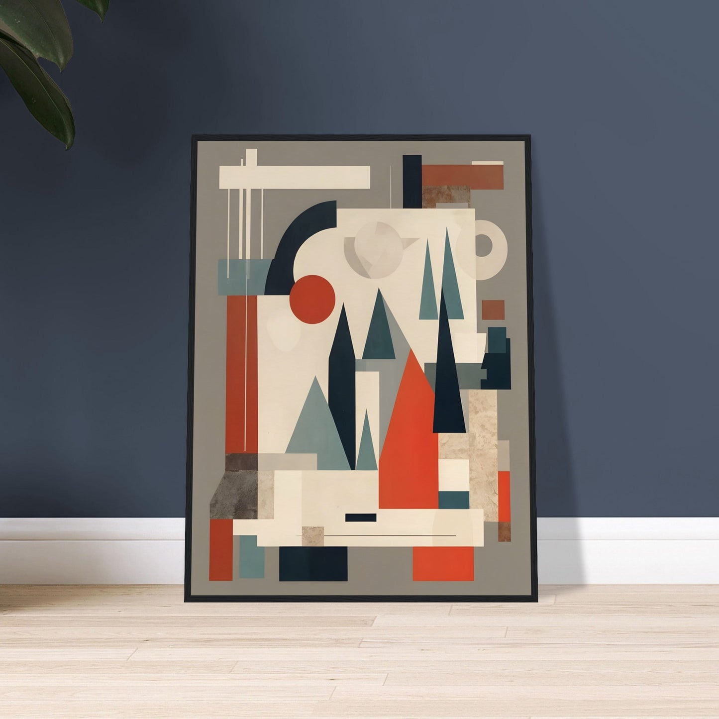 A modern geometric artwork featuring abstract triangular shapes resembling trees, complemented by circles and rectangles in muted tones of red, teal, and beige.