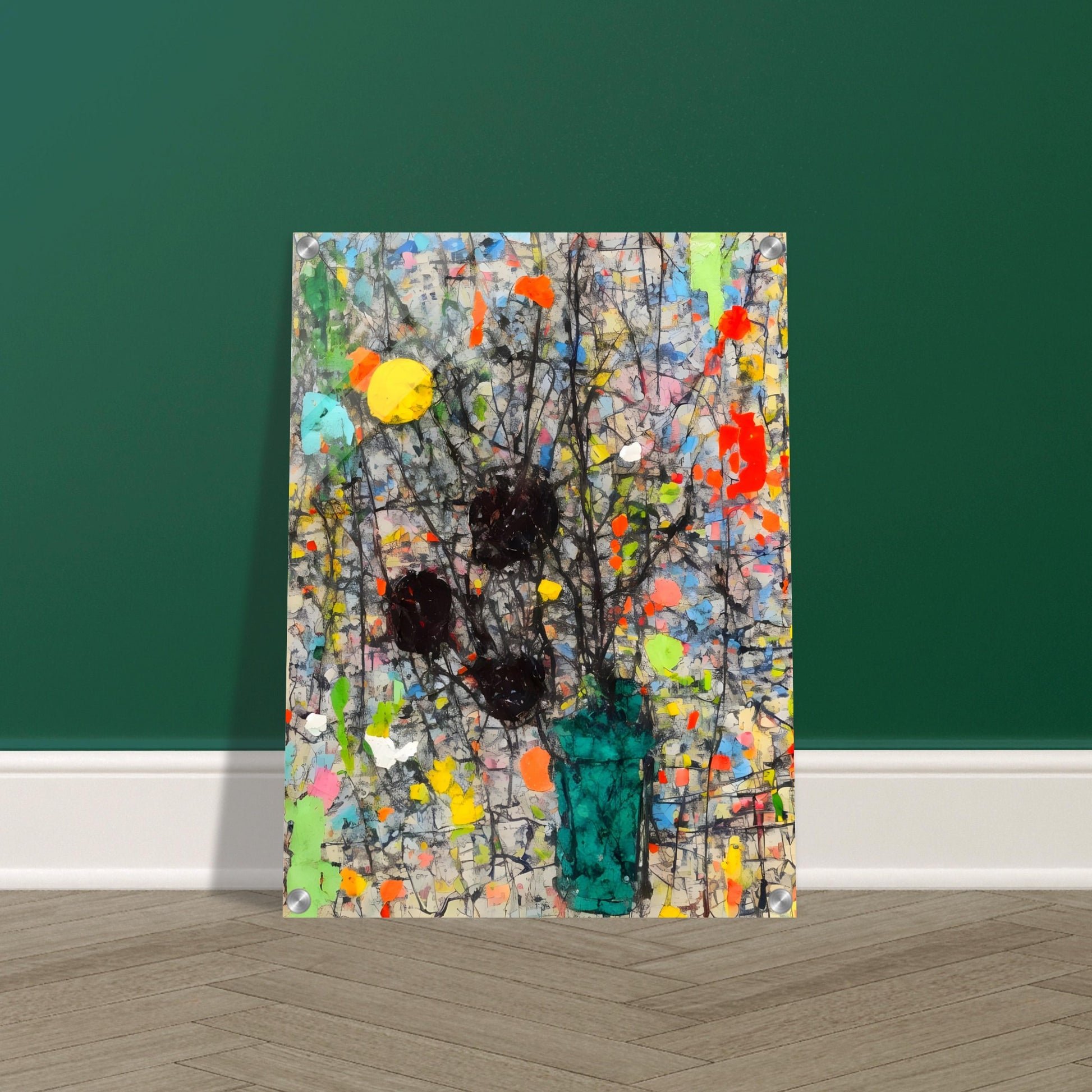 An abstract floral painting with a dark vase and branches, set against a textured, colorful background with splashes of red, yellow, and blue.