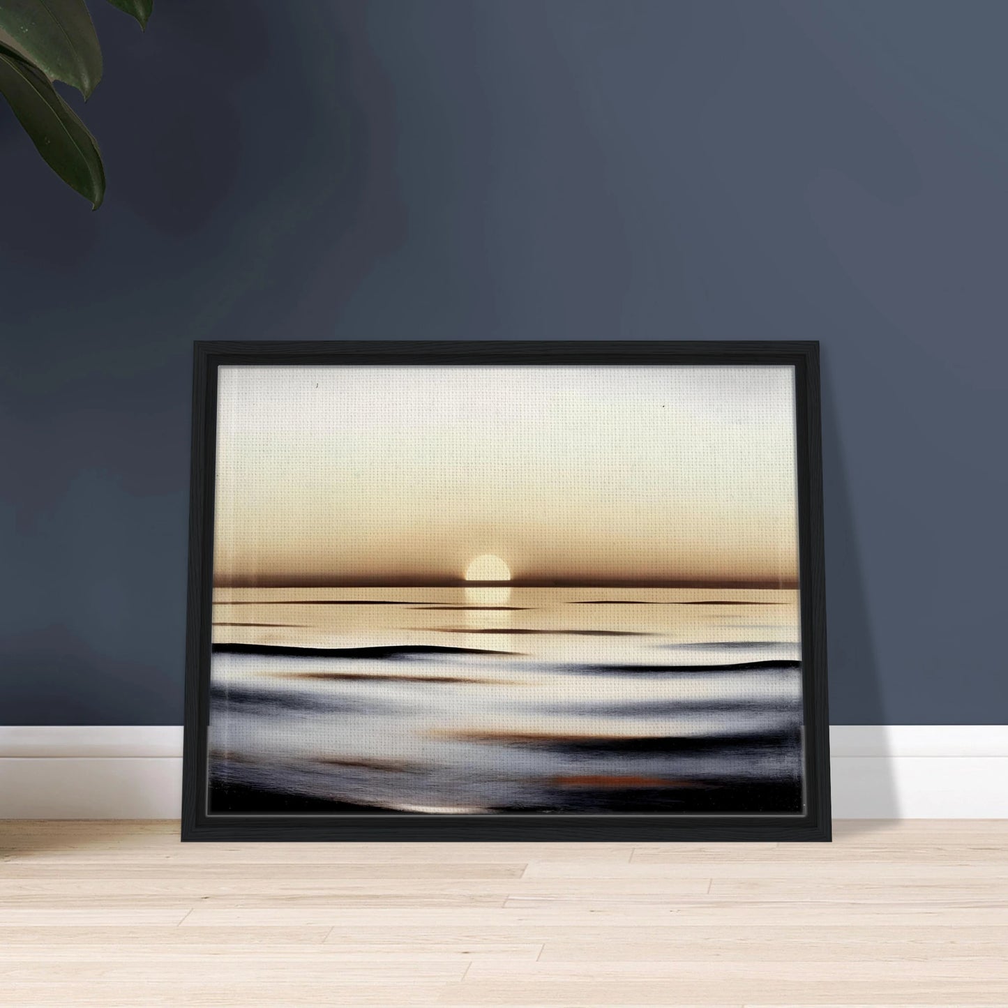 A minimalist seascape capturing the calm of sunrise, where golden light reflects softly on gentle ocean waves.