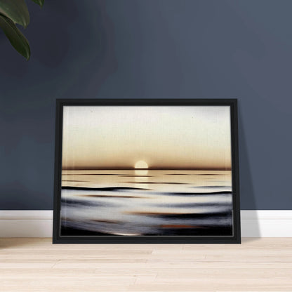 A minimalist seascape capturing the calm of sunrise, where golden light reflects softly on gentle ocean waves.