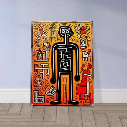 A bold pop-art figure outlined in black, surrounded by abstract symbols and patterns on an energetic orange and red background.