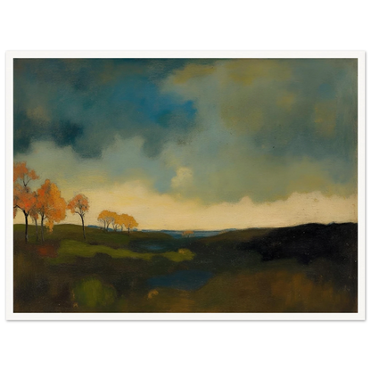 Golden autumn trees stand beneath heavy blue-gray clouds over dark rolling fields.