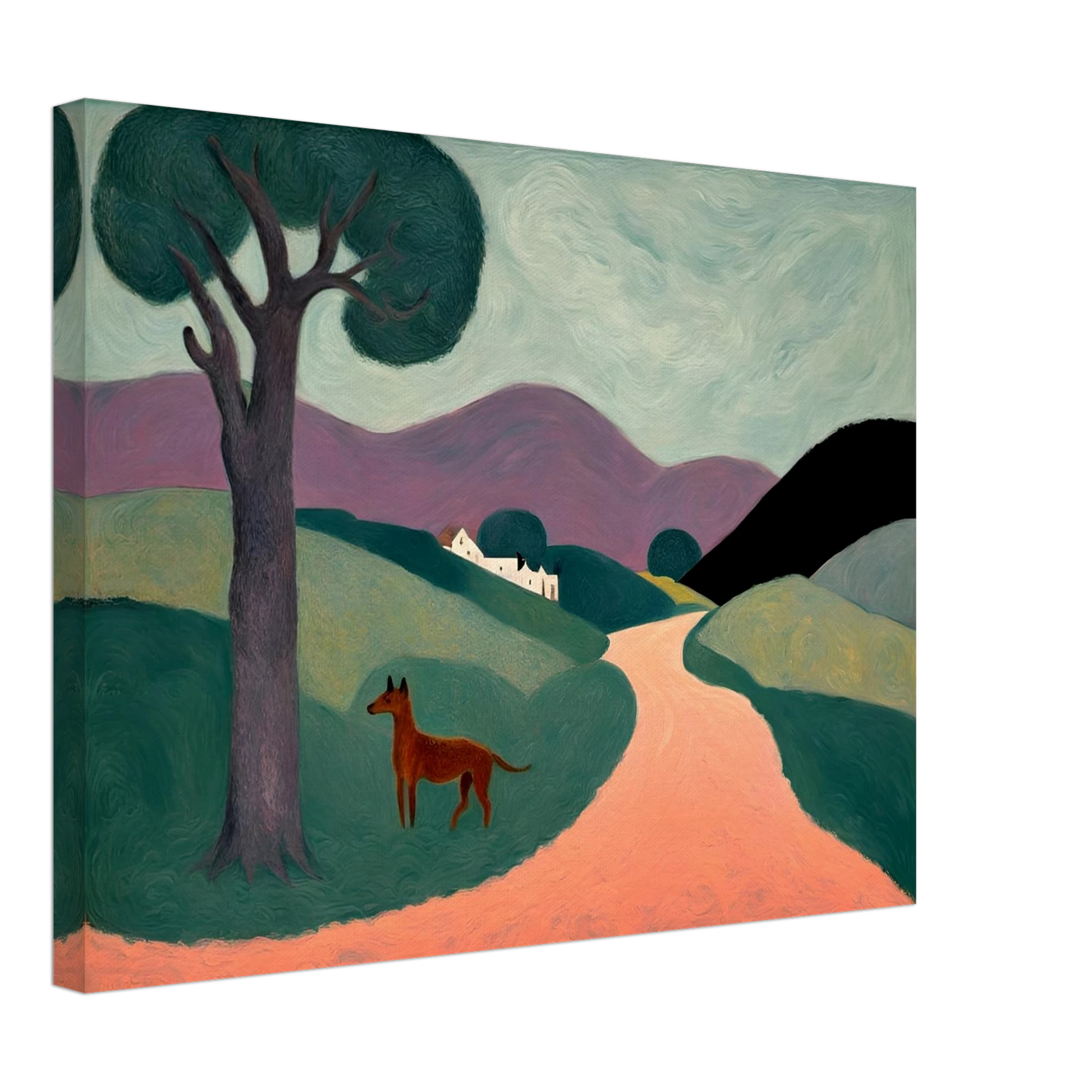 Stylized countryside landscape with rolling green hills, a purple mountain range, a lone tree, and a brown dog standing on a peach path.