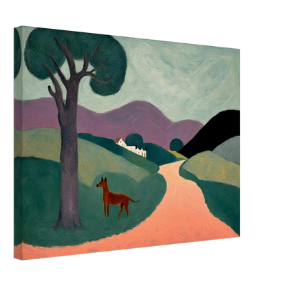 Stylized countryside landscape with rolling green hills, a purple mountain range, a lone tree, and a brown dog standing on a peach path.