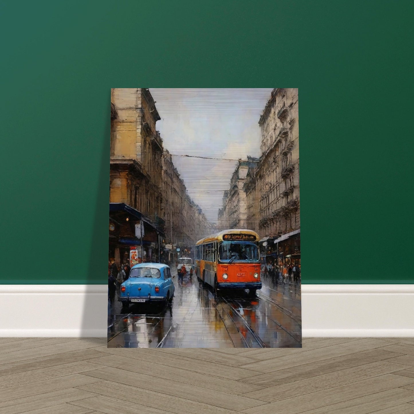 "A beautifully painted urban scene of a streetcar moving through a rainy city, with classic cars and reflective wet streets, evoking a sense of nostalgia."