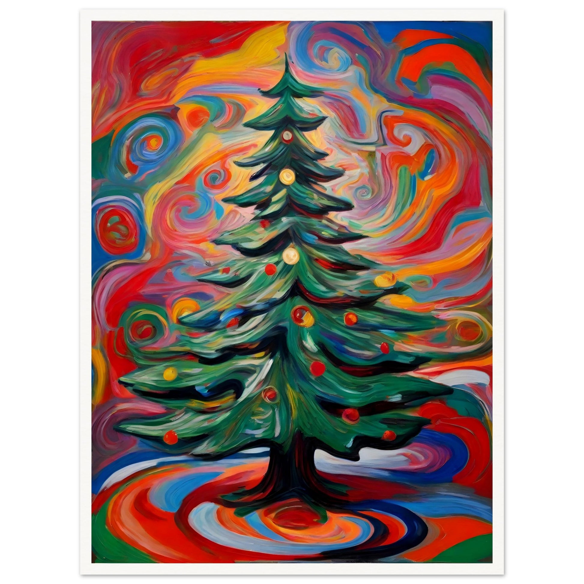 A vivid painting of a decorated Christmas tree surrounded by colorful, swirling patterns in vibrant red, orange, green, and blue hues.

