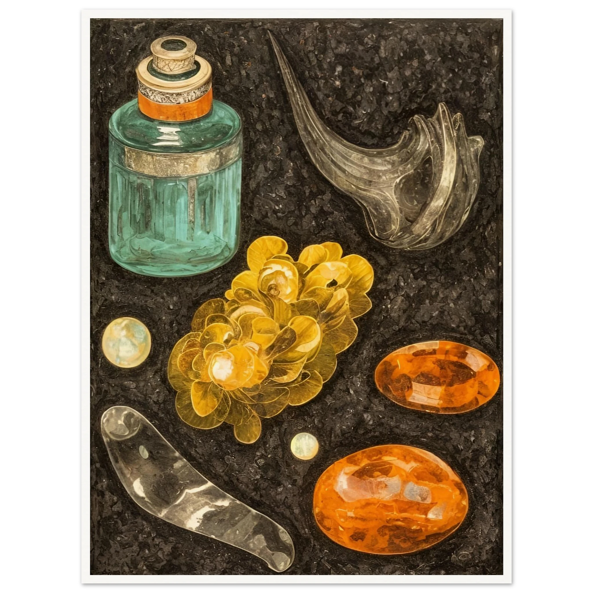 A collection of golden stones, glass objects, and a teal bottle arranged on a textured black background like hidden treasures.