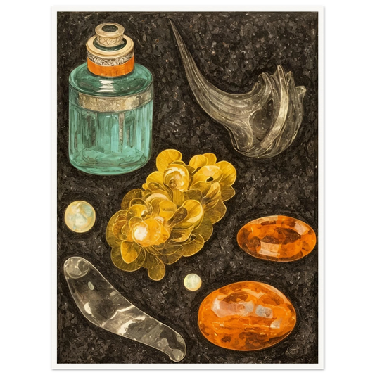 A collection of golden stones, glass objects, and a teal bottle arranged on a textured black background like hidden treasures.