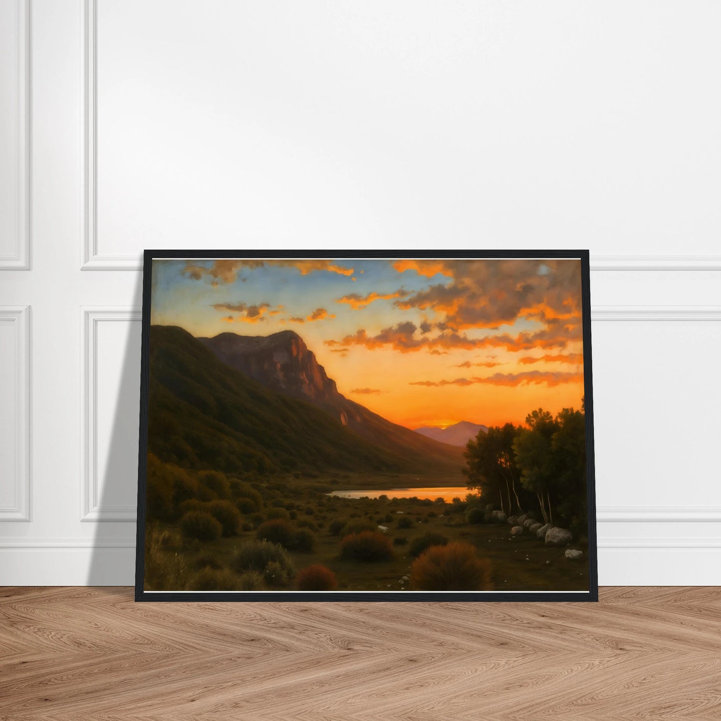 A warm landscape with a winding orange path lined by golden trees under a turquoise sky, leading toward a distant sea.